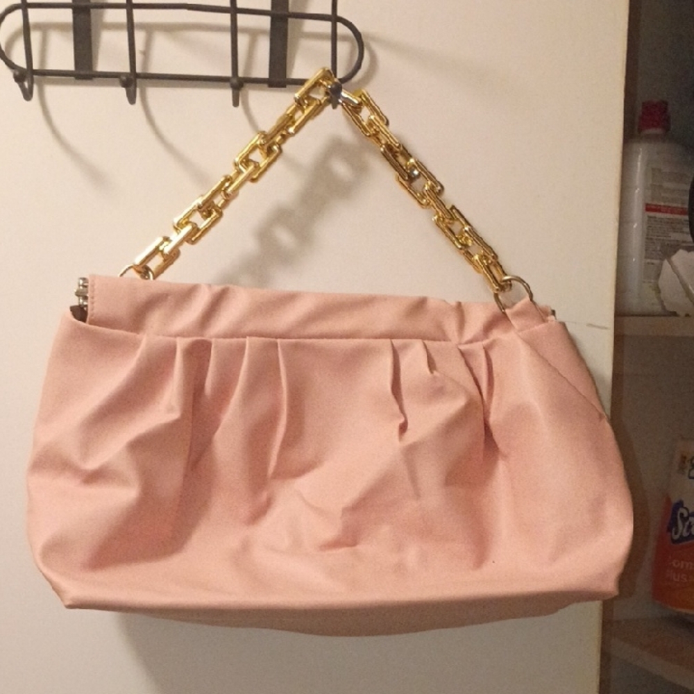 Light Pink Handbag Tote Pouch Clutch Purse With Gold Chain Strap